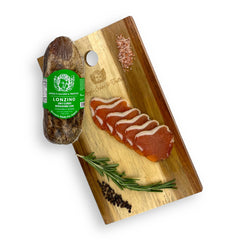 Angel’s Salumi and Truffles – Sliced Italian Lonzino on Charcuterie Board, Herb-Infused, Velvety Pork Loin
