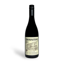 Brownstone Pinot Noir wine bottle from California’s Central Coast — smooth red wine with raspberry and black cherry notes; pairs well with roasted meats, prosciutto, salami, and Gouda cheese