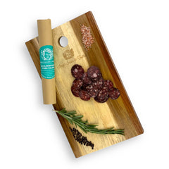 Angel’s Salumi and Truffles – Sliced Elk Salami with Red Port Wine, Dutch Cacao, and Pink Peppercorn on Charcuterie Board