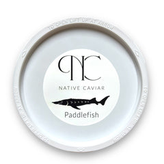 8oz tub of American Paddlefish Caviar featuring medium olive-to-steel-gray pearls — sustainably harvested sturgeon roe alternative with rich, buttery flavor, perfect for gourmet appetizers and elegant entertaining