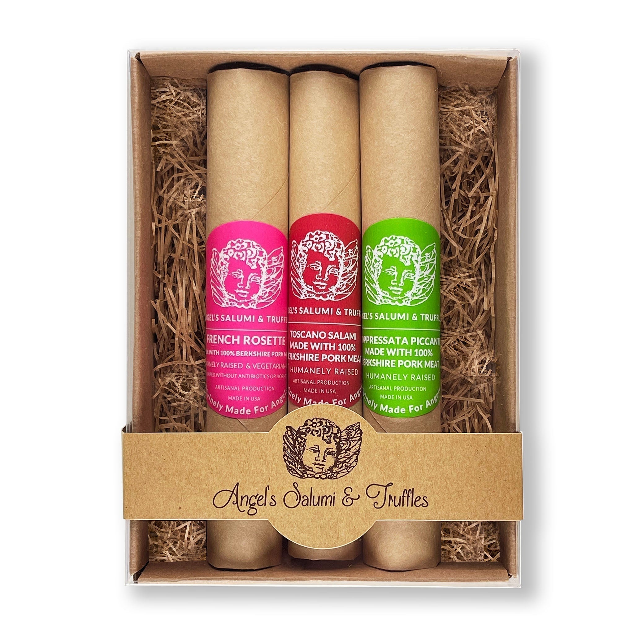 All Natural Trio Box – A gourmet gift box featuring three 5.5oz artisanal salamis: Italian Toscano, French Rosette de Lyon, and Soppressata Piccante. Crafted with natural ingredients like white wine, grappa, and traditional spices for an authentic charcuterie experience.