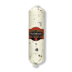 Black Truffle Butter, 16oz tube, crafted from Californian grass-fed cows with 5% black truffle purée, truffle peelings, and sea salt, delivering a decadent, earthy truffle flavor to elevate your dishes.
