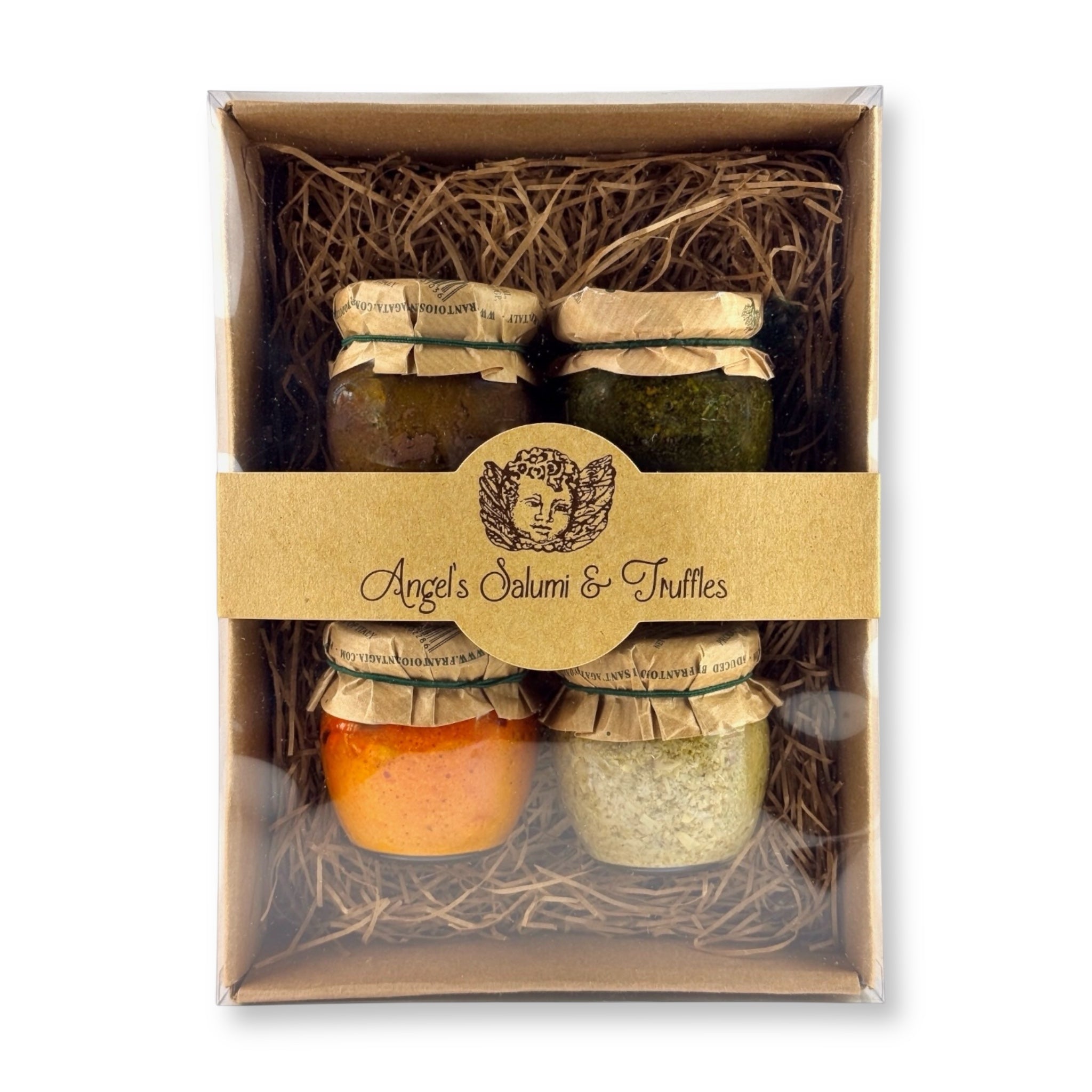 Gourmet Antipasto Gift Box featuring Frantoio Artichoke Paste, Pepper Paste, Ligurian Olive Paste, and Pesto – perfect for charcuterie boards, Italian appetizers, or gourmet gifting.