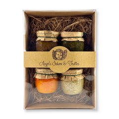 Gourmet Antipasto Gift Box featuring Frantoio Artichoke Paste, Pepper Paste, Ligurian Olive Paste, and Pesto – perfect for charcuterie boards, Italian appetizers, or gourmet gifting.