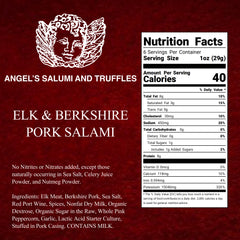 Angel’s Salumi and Truffles – Elk Salami Ingredients and Nutrition Facts, Hormone-Free, No Nitrates, Gluten-Free