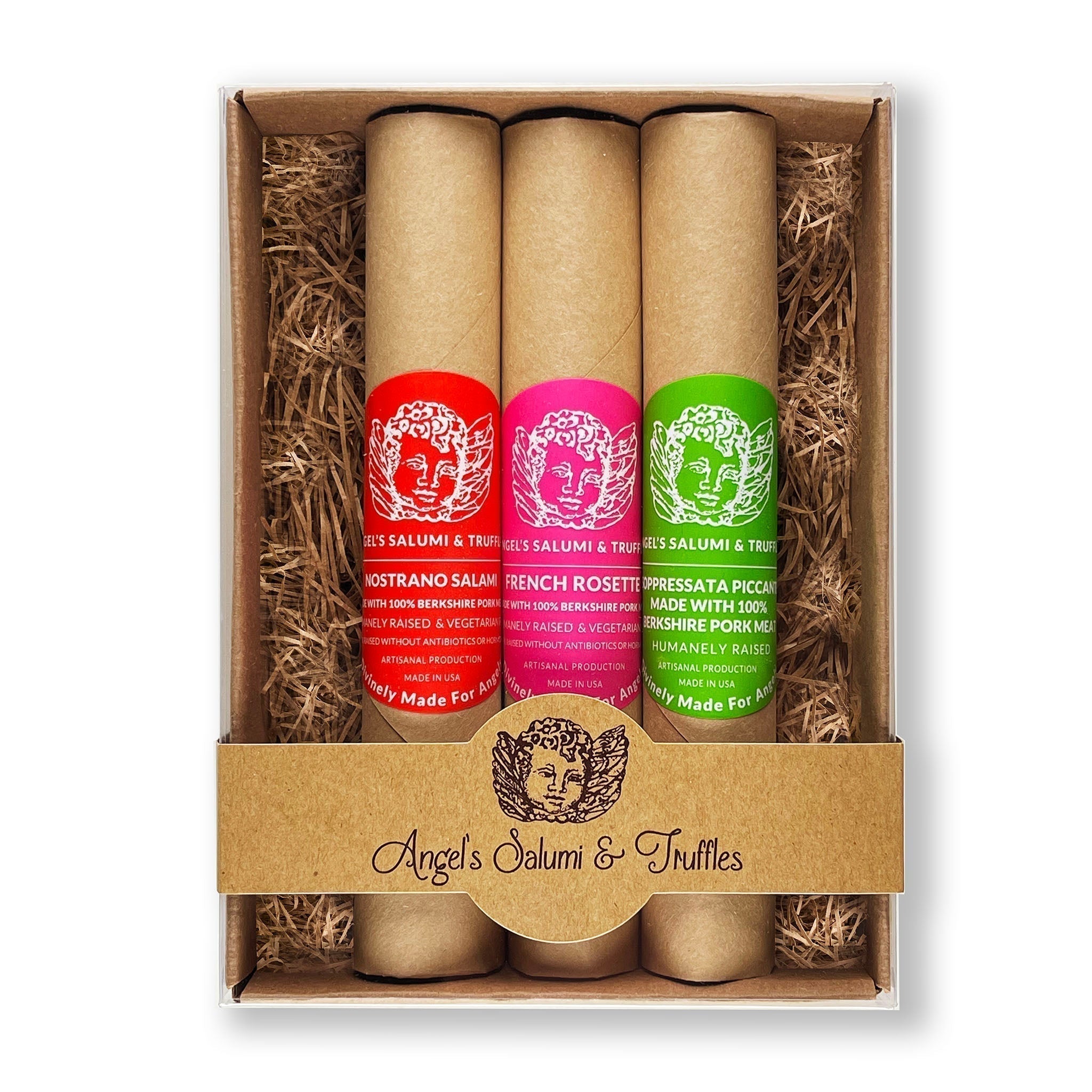 House Salami Trio Box – A curated gift box with three 5.5oz artisanal salamis: Nostrano made with Berkshire pork, black pepper, and red wine; French Rosette de Lyon with sweet spice notes; and Soppressata Piccante with bold red wine, grappa, and heat.