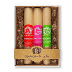 House Salami Trio Box – A curated gift box with three 5.5oz artisanal salamis: Nostrano made with Berkshire pork, black pepper, and red wine; French Rosette de Lyon with sweet spice notes; and Soppressata Piccante with bold red wine, grappa, and heat.