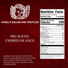 Angel’s Salumi and Truffles – Pre-Sliced Chorizo Blanco Salami, Ingredients and Nutritional Facts, No MSG, No Hormones, Gluten-Free