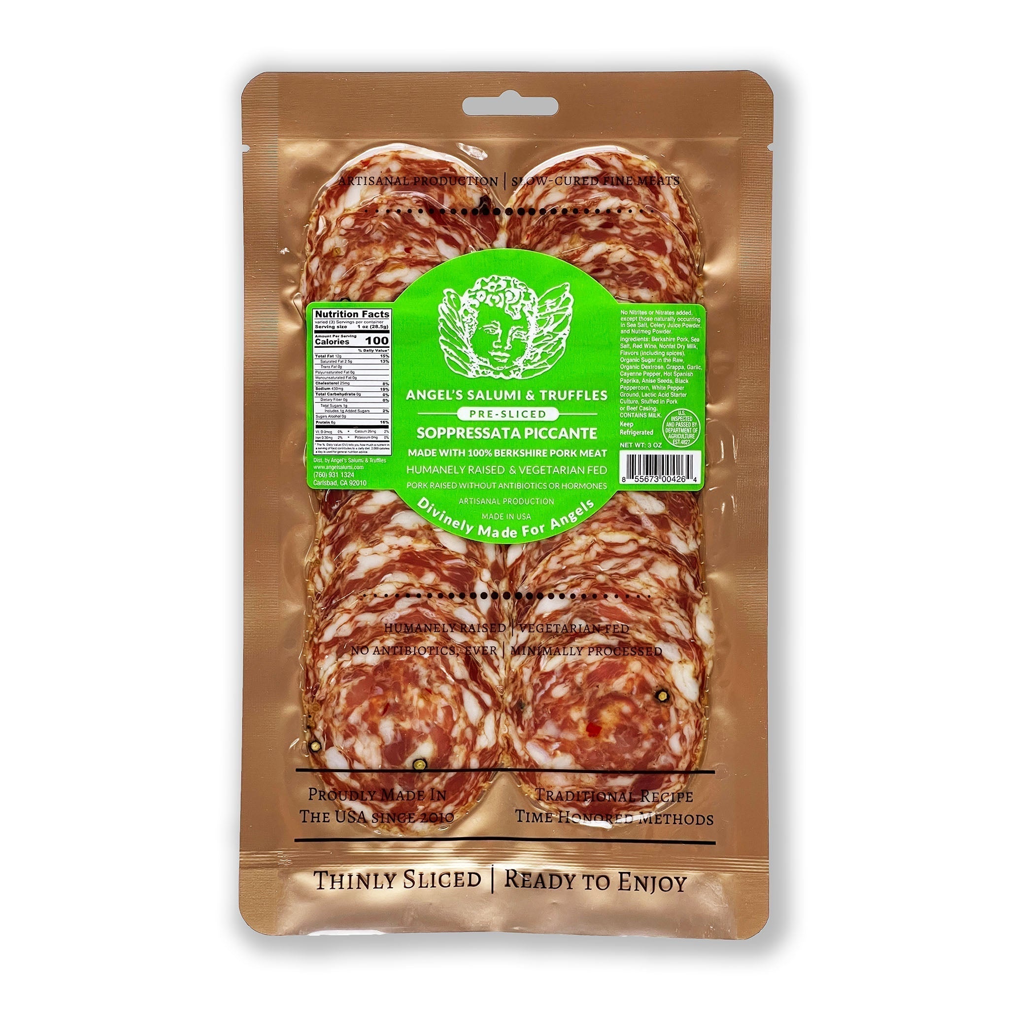 Angel’s Salumi and Truffles – Pre-Sliced Soppressata Piccante Salami, 3oz, Spicy Italian-Style, 100% Berkshire Pork
