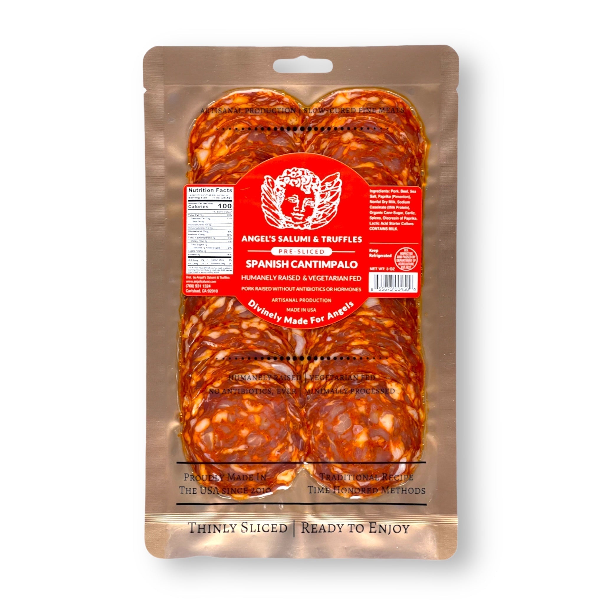 Angel’s Salumi and Truffles – Pre-Sliced Spanish Cantimpalo Salami, 3oz, Pork & Beef, Smokey Cured Chorizo