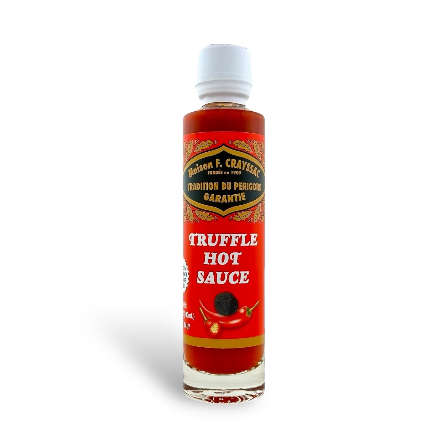 Maison F. Crayssac Truffle Hot Sauce in a 3.3 oz bottle, combining bold heat with rich truffle aroma for a gourmet twist on a spicy classic.