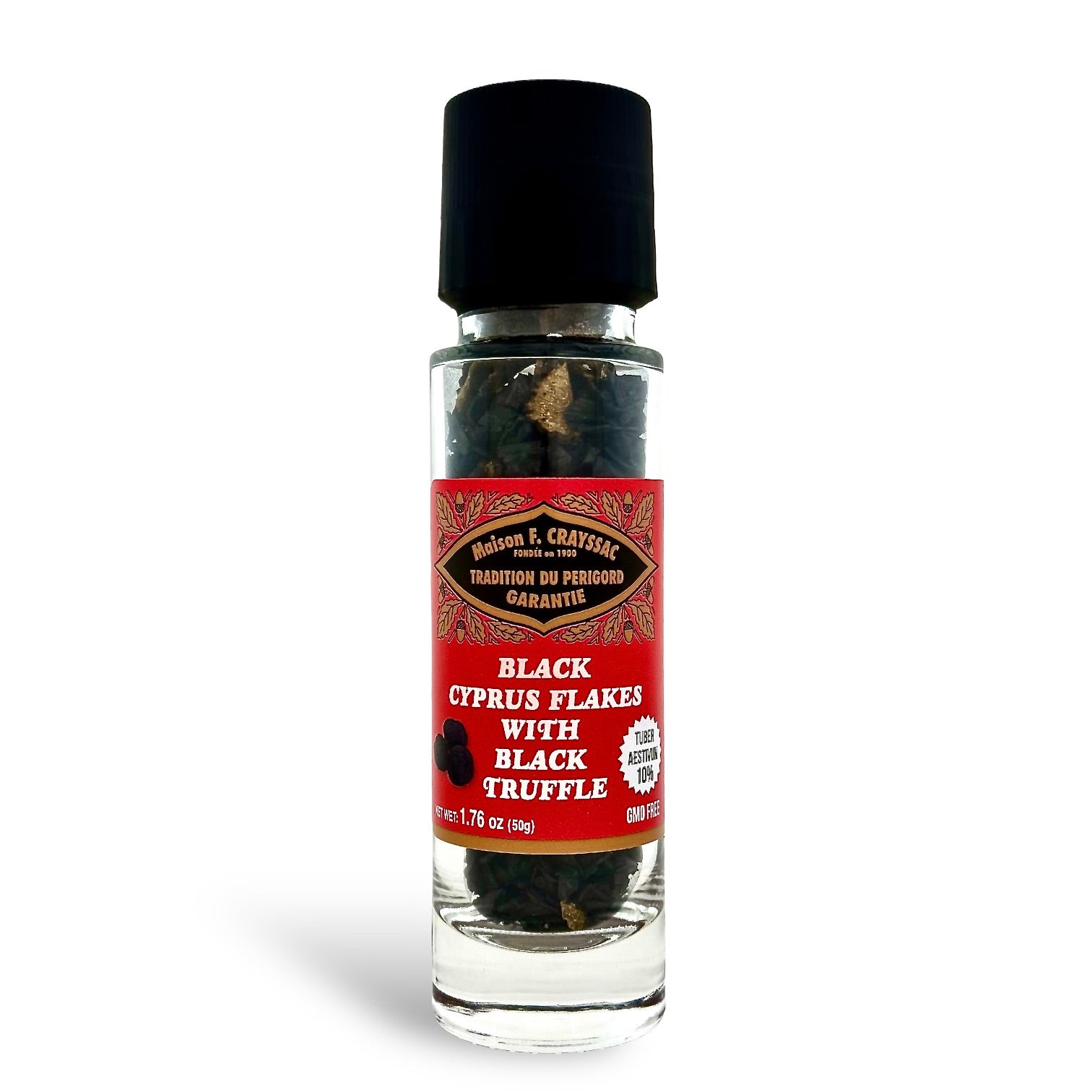 Maison F. Crayssac Black Cyprus Flakes with Black Truffle, 50g, made in the EU, featuring a blend of black truffles and Cyprus salt flakes for a gourmet touch to any dish.
