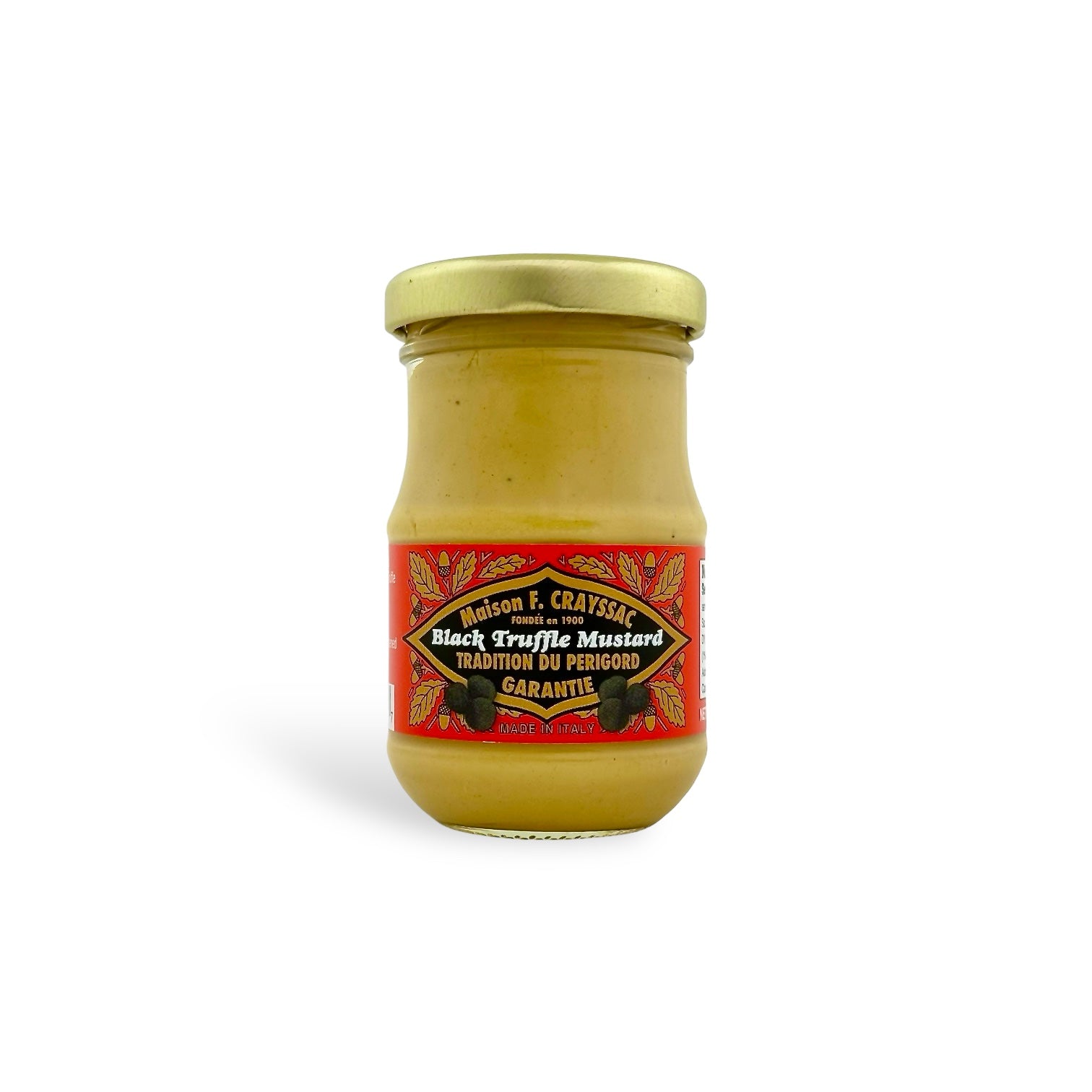 Maison F. Crayssac Black Truffle Mustard, made in Italy, blending the bold flavor of mustard with the luxurious essence of black truffle, perfect for charcuterie boards, sandwiches, and gourmet creations.