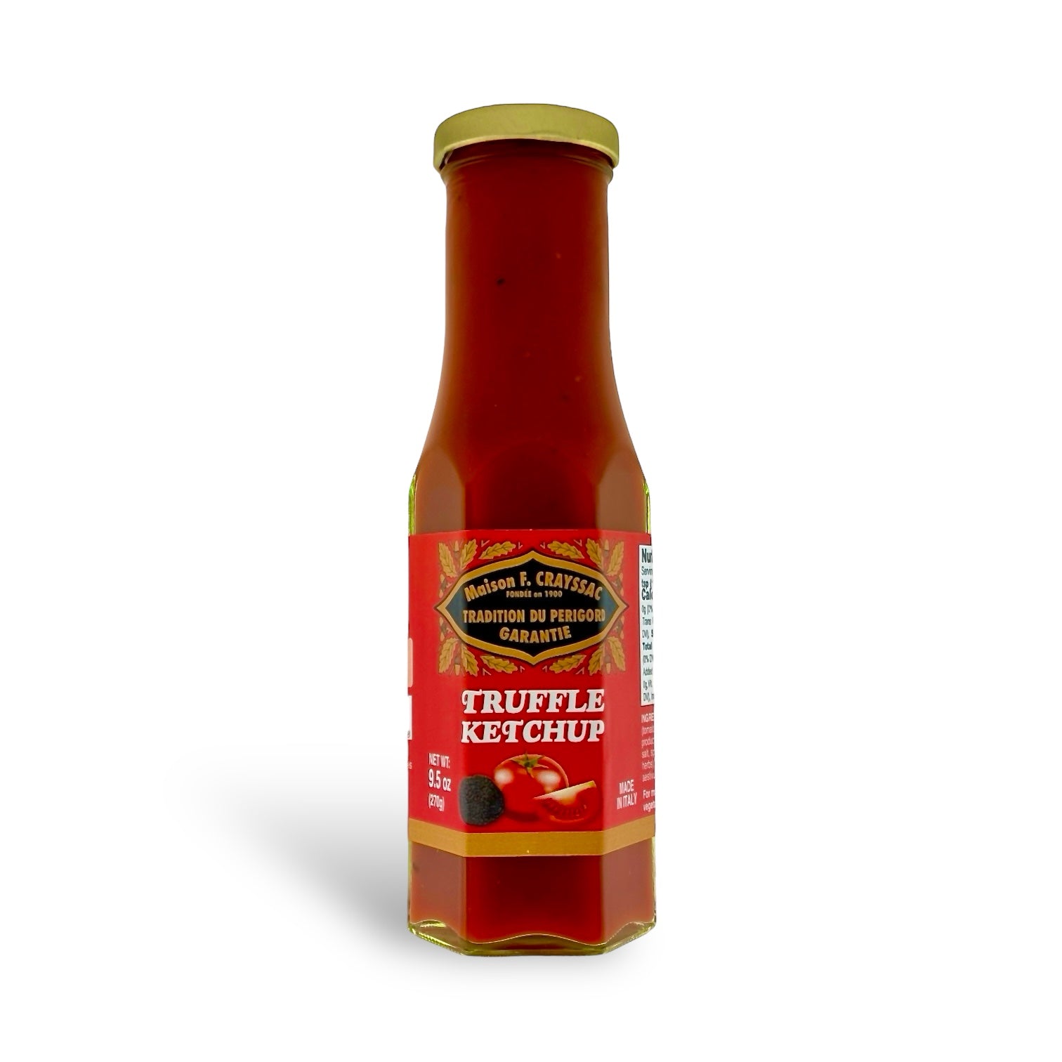 Maison F. Crayssac Truffle Ketchup in a 9.5 oz glass bottle, blending rich tomato flavor with luxurious truffle essence for a gourmet condiment experience.