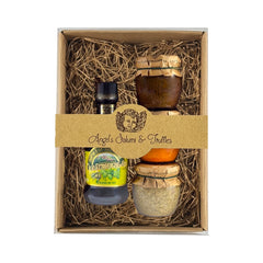 Frantoio Quattro Gift Box with Basil Extra Virgin Olive Oil, Black Olive Paste, Pepper Paste, and Artichoke Paste – artisanal Italian antipasto set made with hand-processed olive oil.