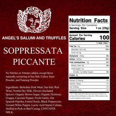 Soppressata Piccante Salami 5.5oz ingredients and nutritional facts label from Angel's Salumi.