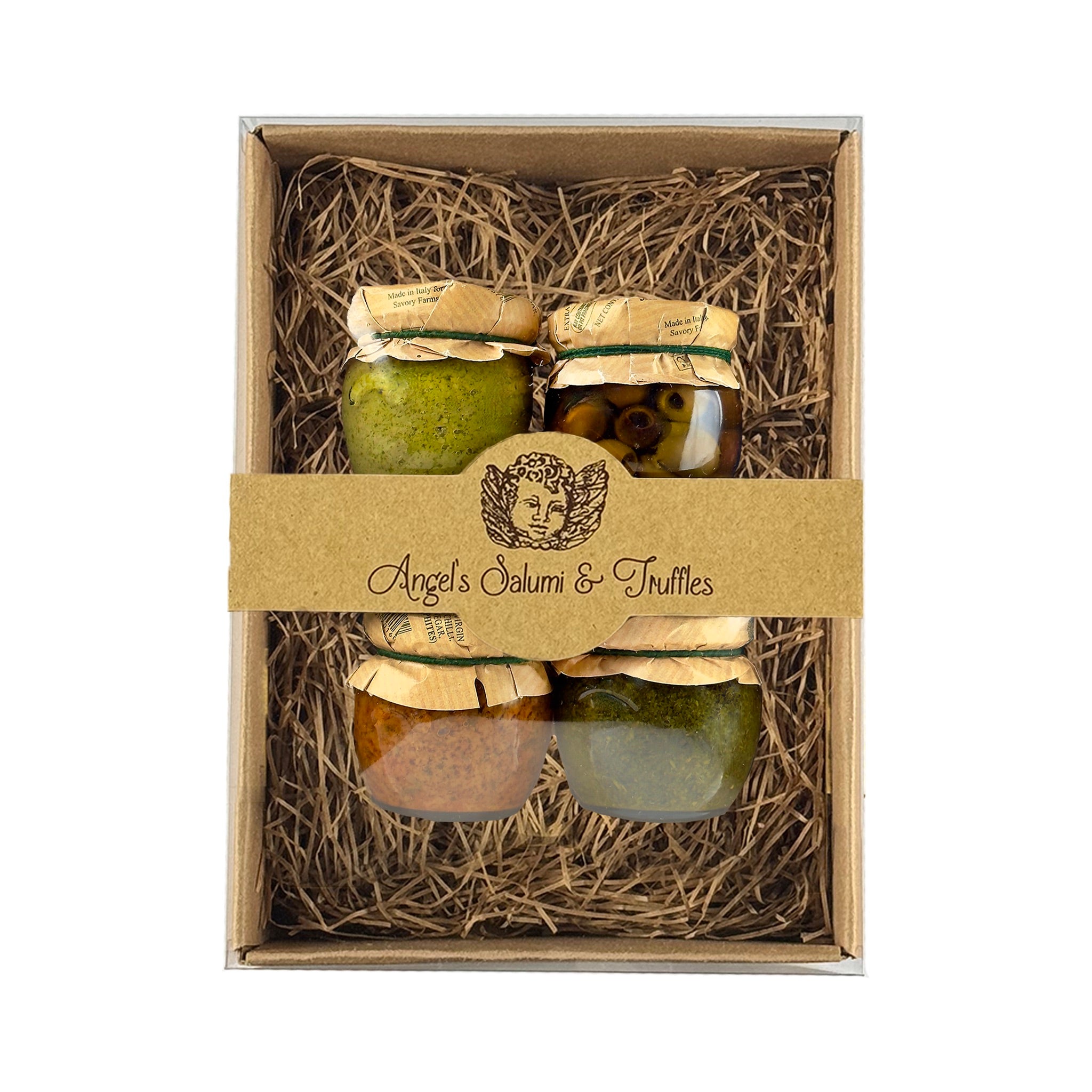 Savory Gift Box with Frantoio green olive paste, Ligurian pesto, pitted Taggiasche olives, and sun-dried tomatoes cream—an elegant Mediterranean antipasto set.
