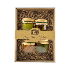 Savory Gift Box with Frantoio green olive paste, Ligurian pesto, pitted Taggiasche olives, and sun-dried tomatoes cream—an elegant Mediterranean antipasto set.
