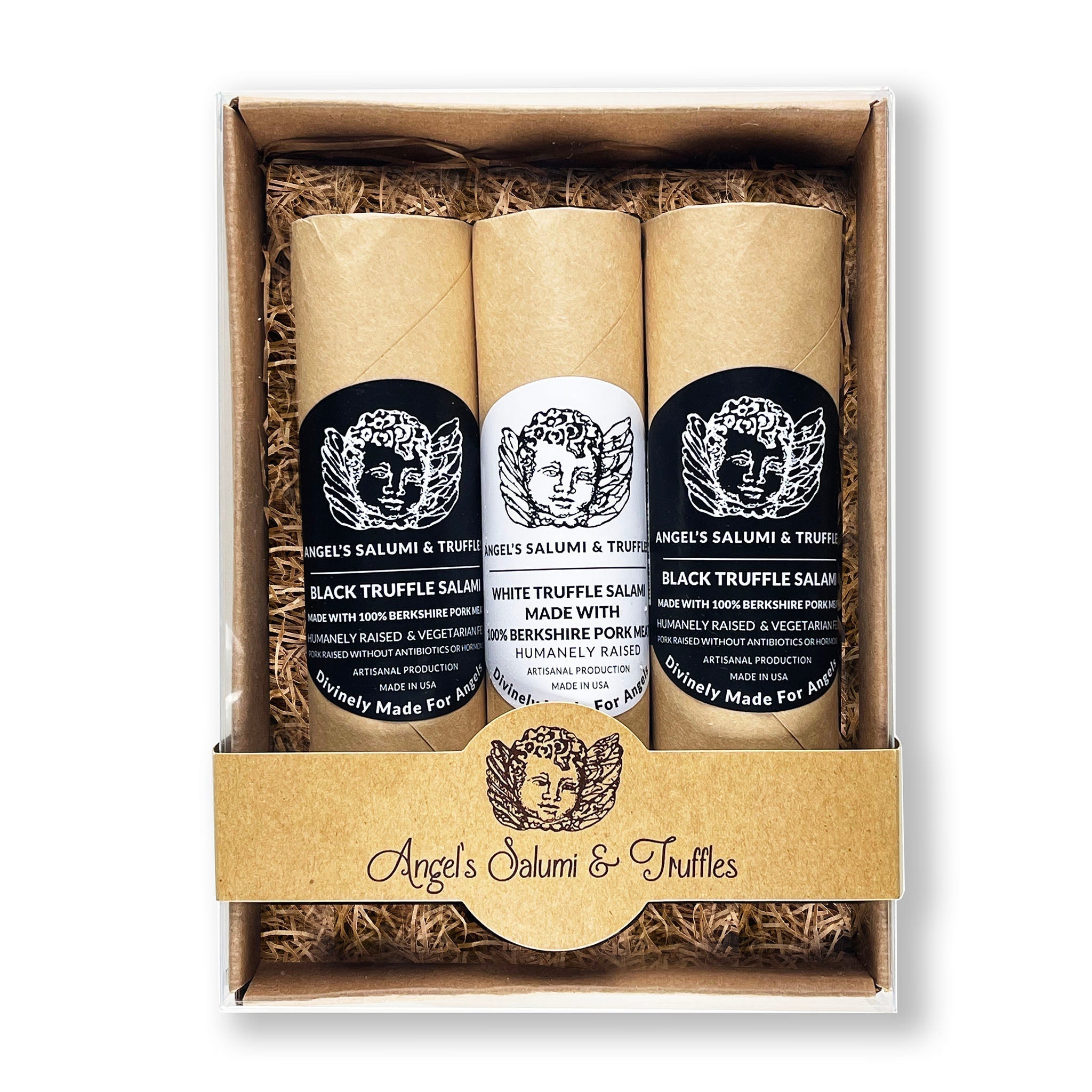 Truffle Trio Gift Box – A luxurious set of three 6.5oz salamis: two Black Truffle Salumi and one White Alba Truffle Salami. Shelf-stable and crafted for gourmet flavor with real truffle essence, perfect for gifting or entertaining.