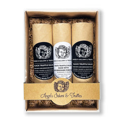 Truffle Trio Gift Box – A luxurious set of three 6.5oz salamis: two Black Truffle Salumi and one White Alba Truffle Salami. Shelf-stable and crafted for gourmet flavor with real truffle essence, perfect for gifting or entertaining.