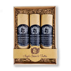 Black Truffle Trio Gift Box – A gourmet gift set featuring three 6.5oz Black Truffle Salumi by Angel’s Salumi & Truffles, offering rich, earthy flavors and artisanal quality, beautifully packaged for charcuterie lovers and truffle enthusiasts.