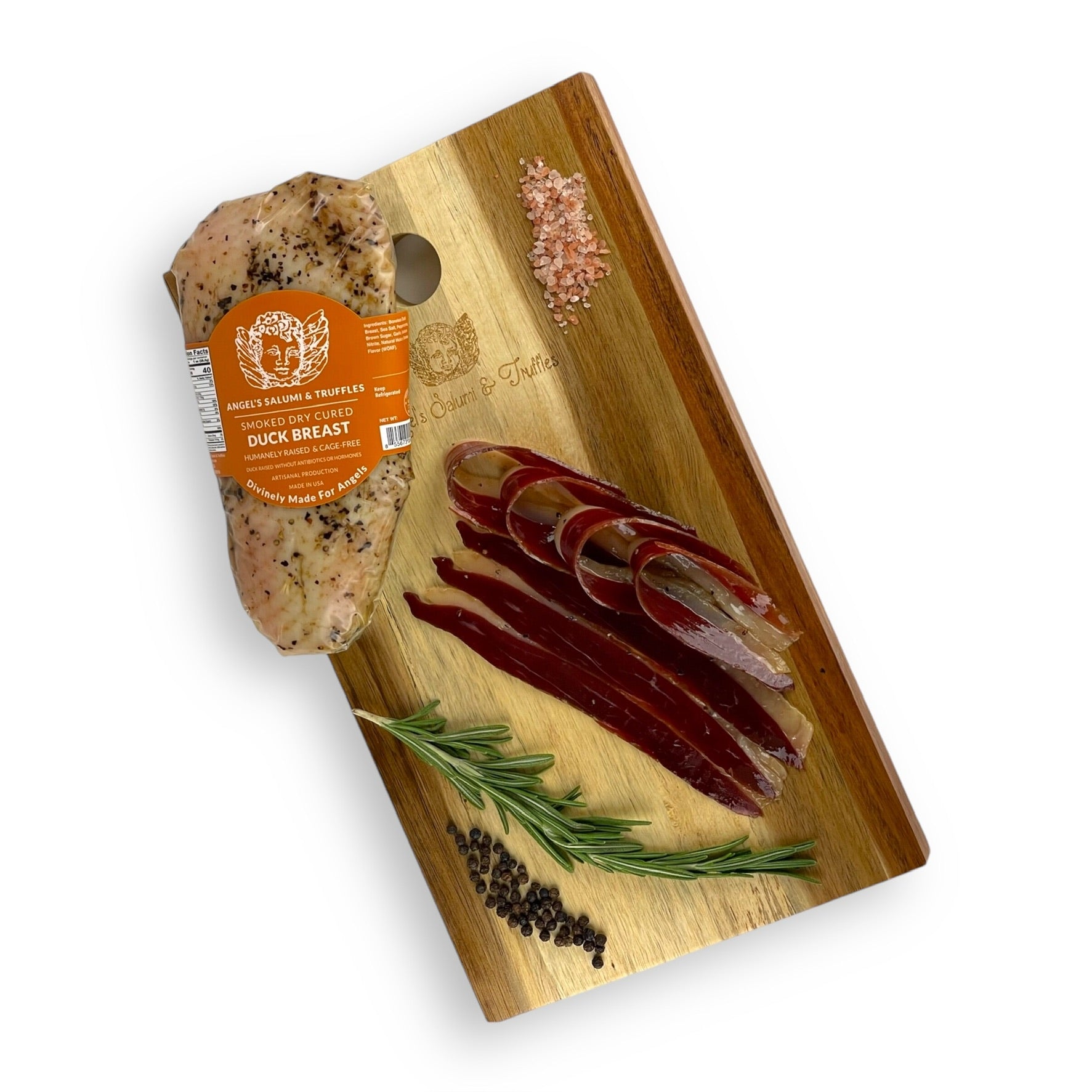 Angel’s Salumi and Truffles – Thinly Sliced Cold Smoked Duck Prosciutto, Served with Apricots, Nuts, and Goat Cheese
