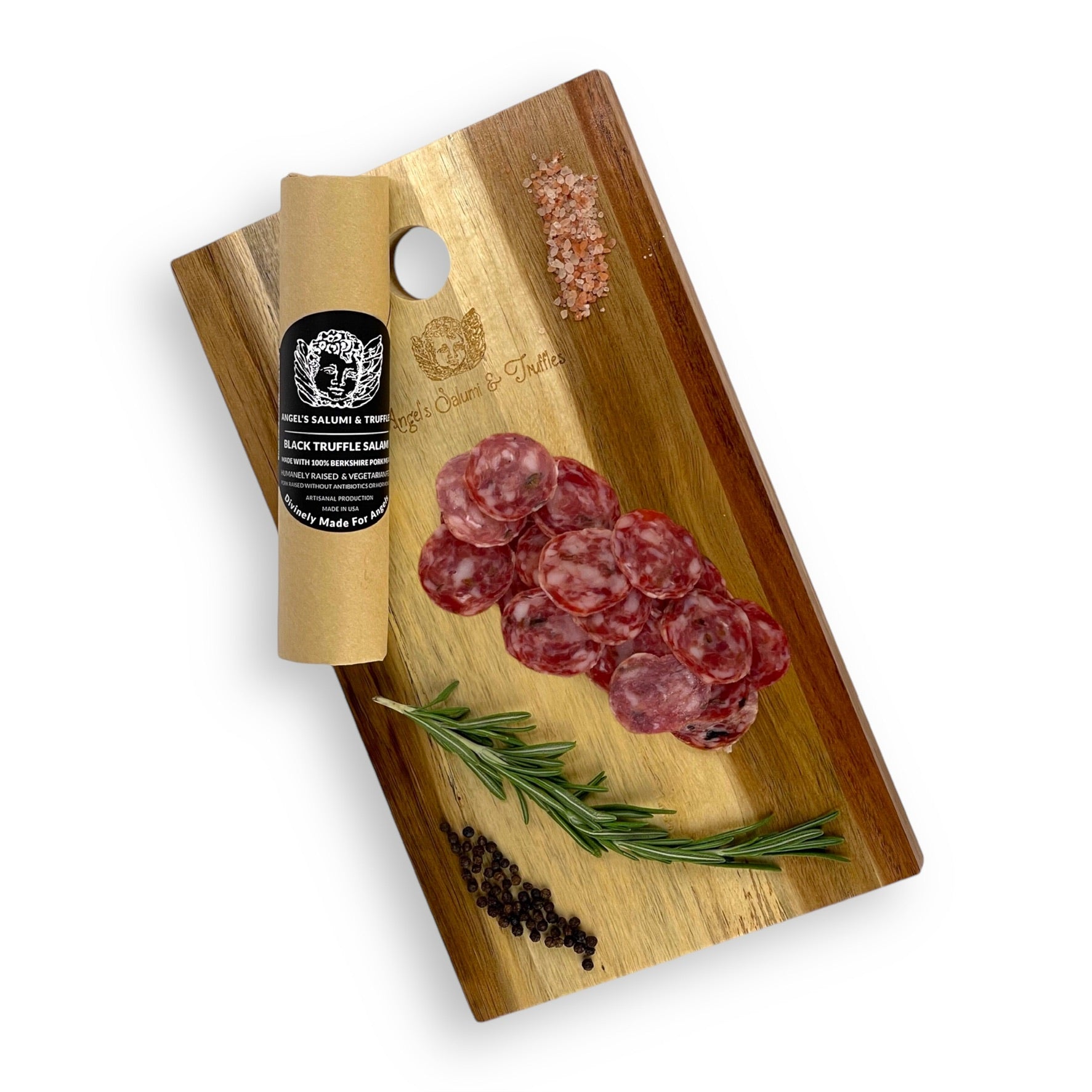 Angel’s Salumi and Truffles – Sliced Black Truffle Salami on Charcuterie Board, French Brandy Cured Artisanal Salumi