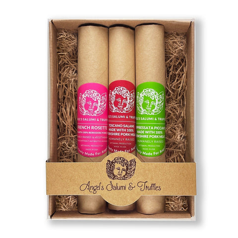A small brown gift box containing three separate salamis