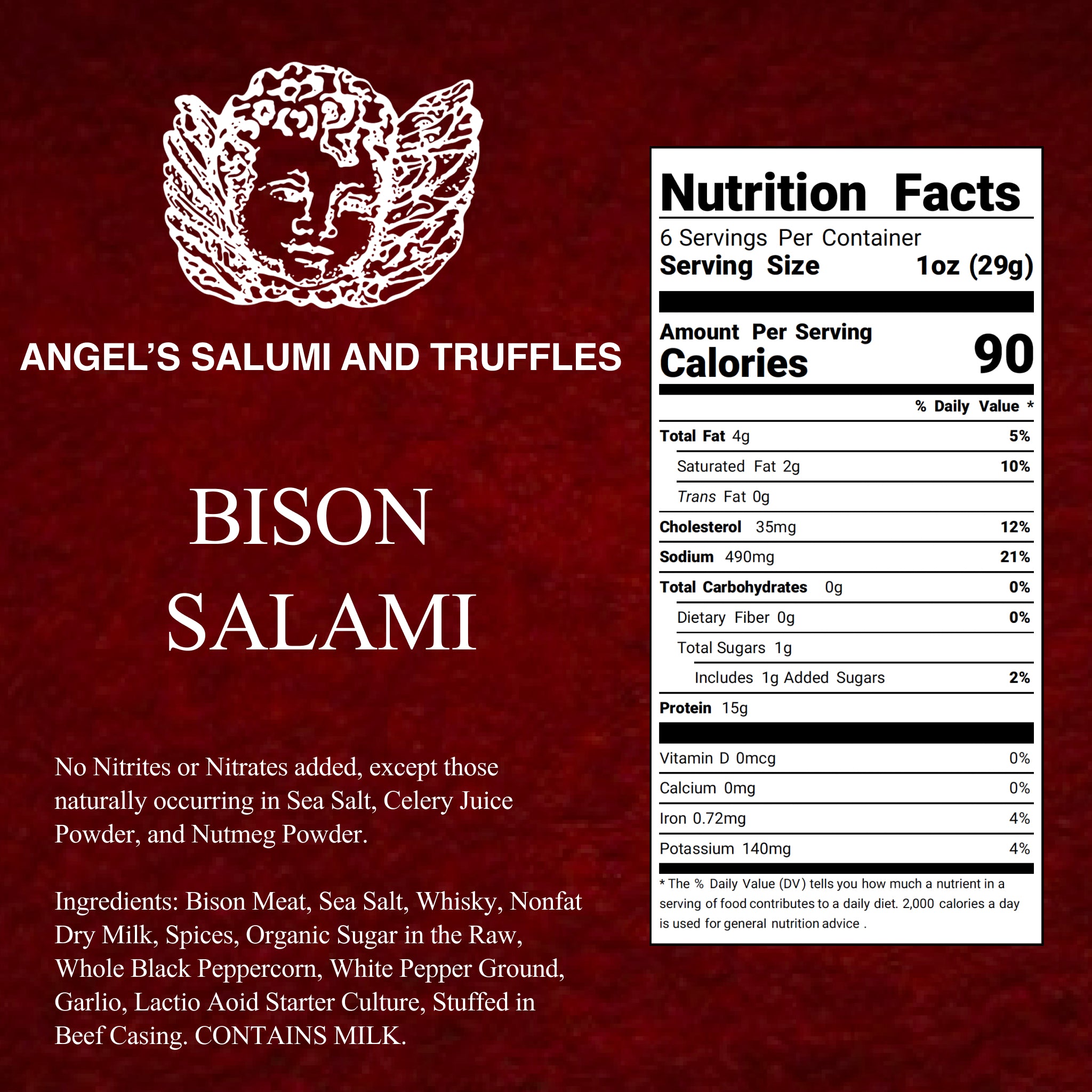 Angel’s Salumi and Truffles – Bison Salami Ingredients and Nutrition Facts, Gluten-Free, No Nitrates, Humanely Raised