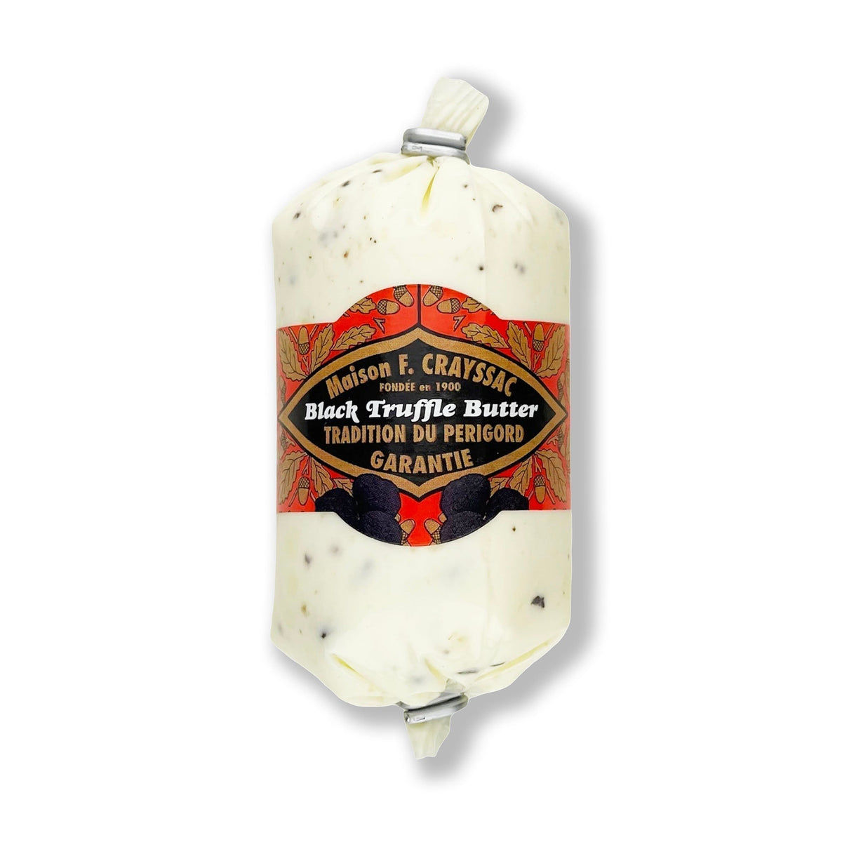Black Truffle Butter, 8oz tube, made with 5% black truffle purée, truffle peelings, and sea salt, offering a luxurious European-style butter with a rich truffle aroma, made in the USA.