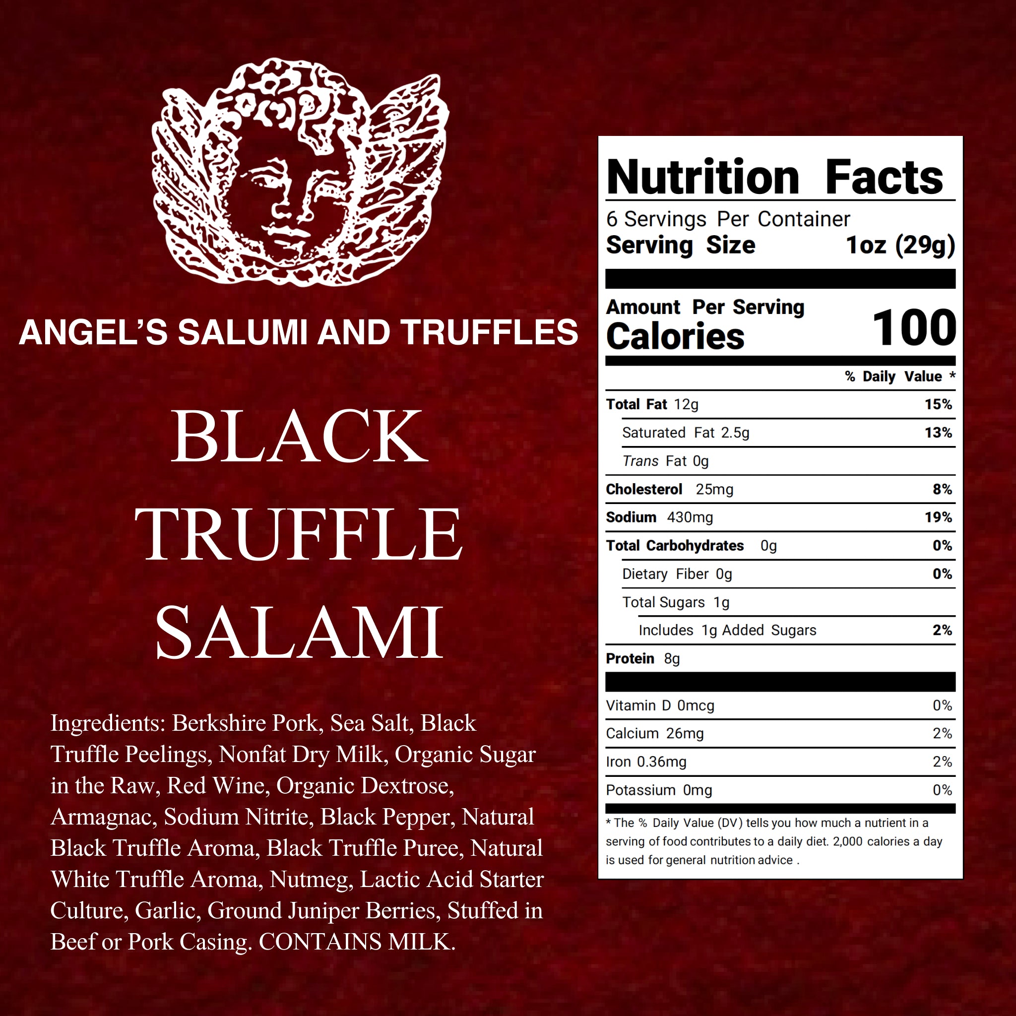 Angel’s Salumi and Truffles – Black Truffle Salami Ingredients and Nutrition Facts, Gluten-Free, Antibiotic-Free, Hormone-Free