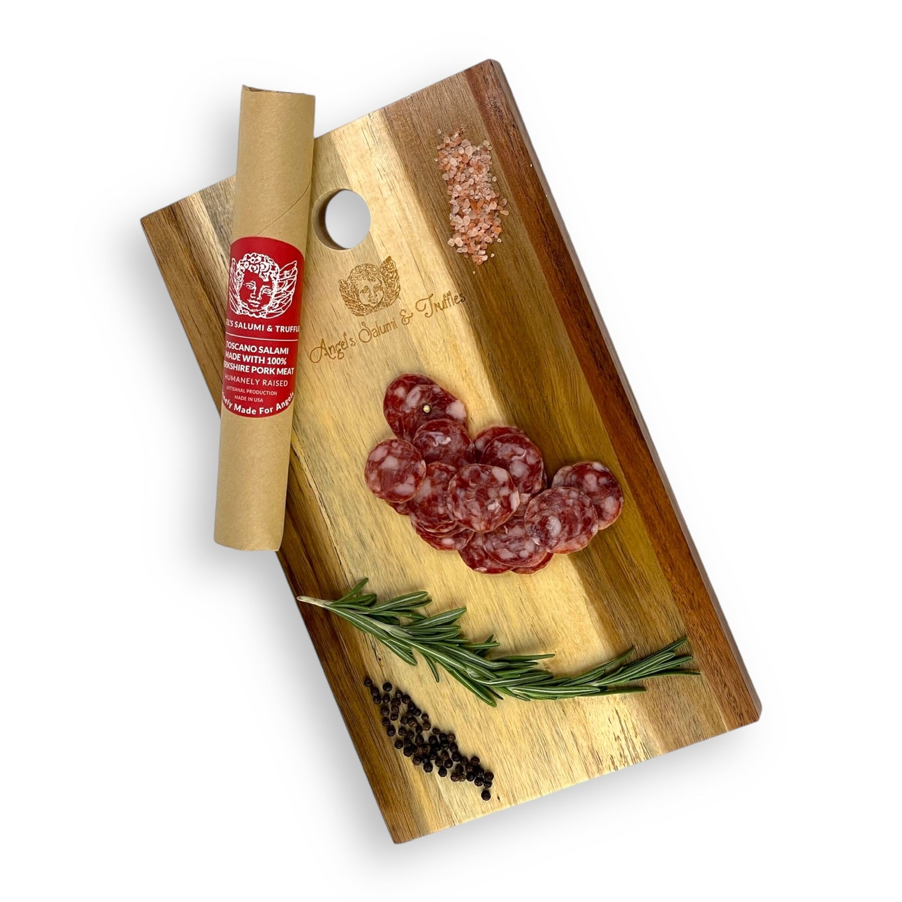 Angel’s Salumi and Truffles – Sliced Toscano Salami with Black Peppercorn, Garlic, and White Wine on Charcuterie Board