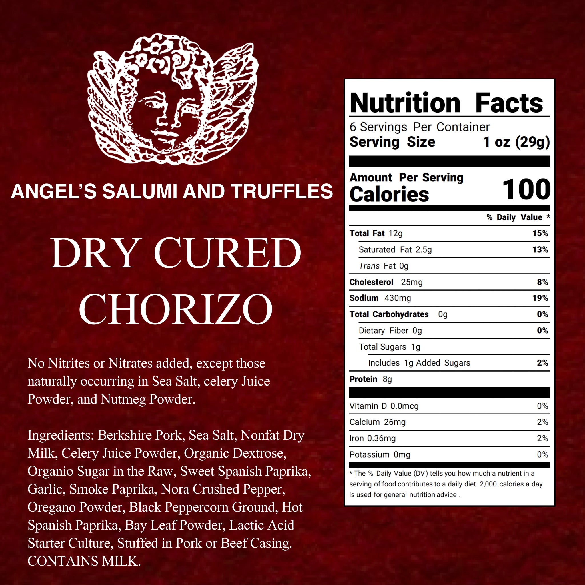 Ingredients and nutritional facts for Spanish-style Chorizo: made with Berkshire Pork, smoked paprika, natural casing, gluten-free, hormone-free, and free from MSG and nitrates.