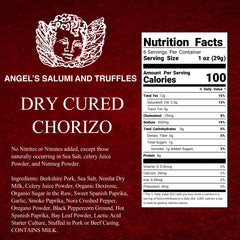 Ingredients and nutritional facts for Spanish-style Chorizo: made with Berkshire Pork, smoked paprika, natural casing, gluten-free, hormone-free, and free from MSG and nitrates.