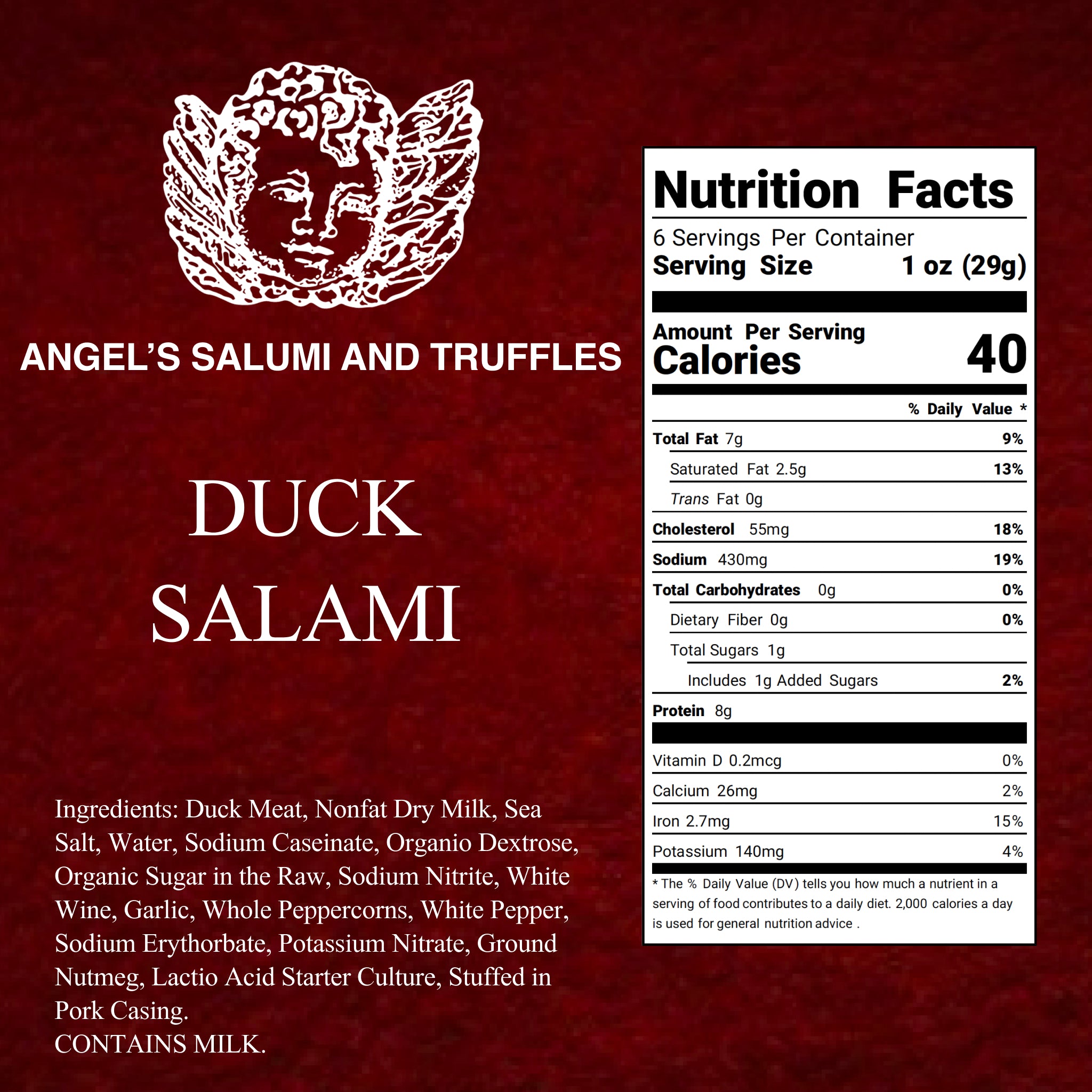 Angel’s Salumi and Truffles – Duck Salami Ingredients and Nutrition Facts, Cage-Free, Gluten-Free, Hormone-Free