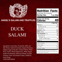 Angel’s Salumi and Truffles – Duck Salami Ingredients and Nutrition Facts, Cage-Free, Gluten-Free, Hormone-Free