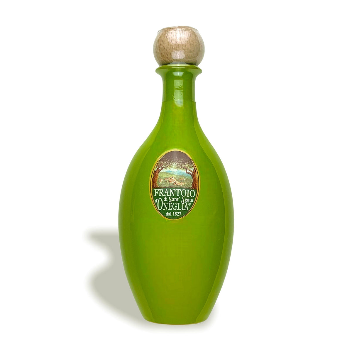 green ceramic bottle containing Buon Frutto Extra Virgin Olive Oil by Frantoio
