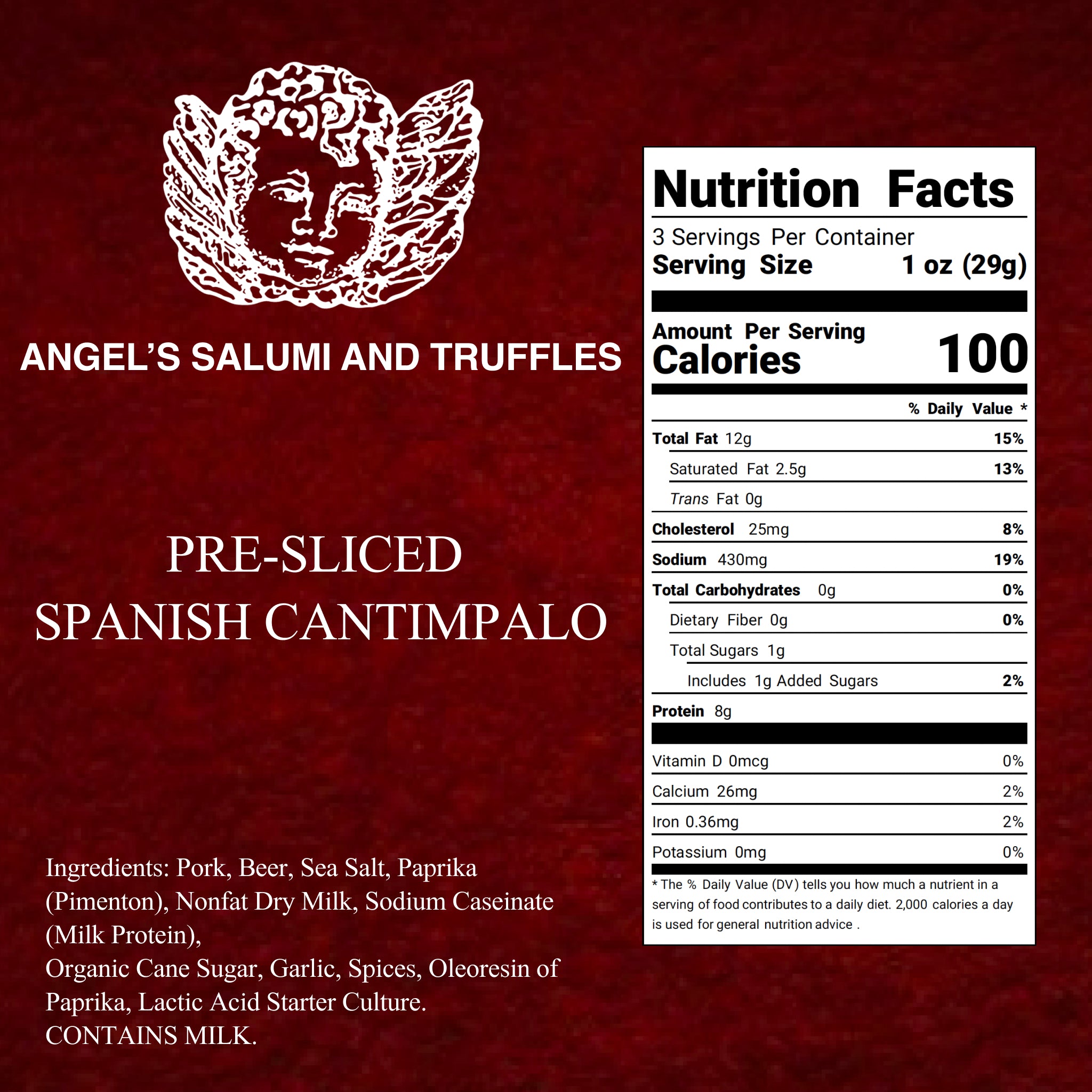 Angel’s Salumi and Truffles – 3oz Spanish Cantimpalo Salami, Gluten-Free, Antibiotic & Hormone-Free, Ready-to-Eat Tapas Meat
