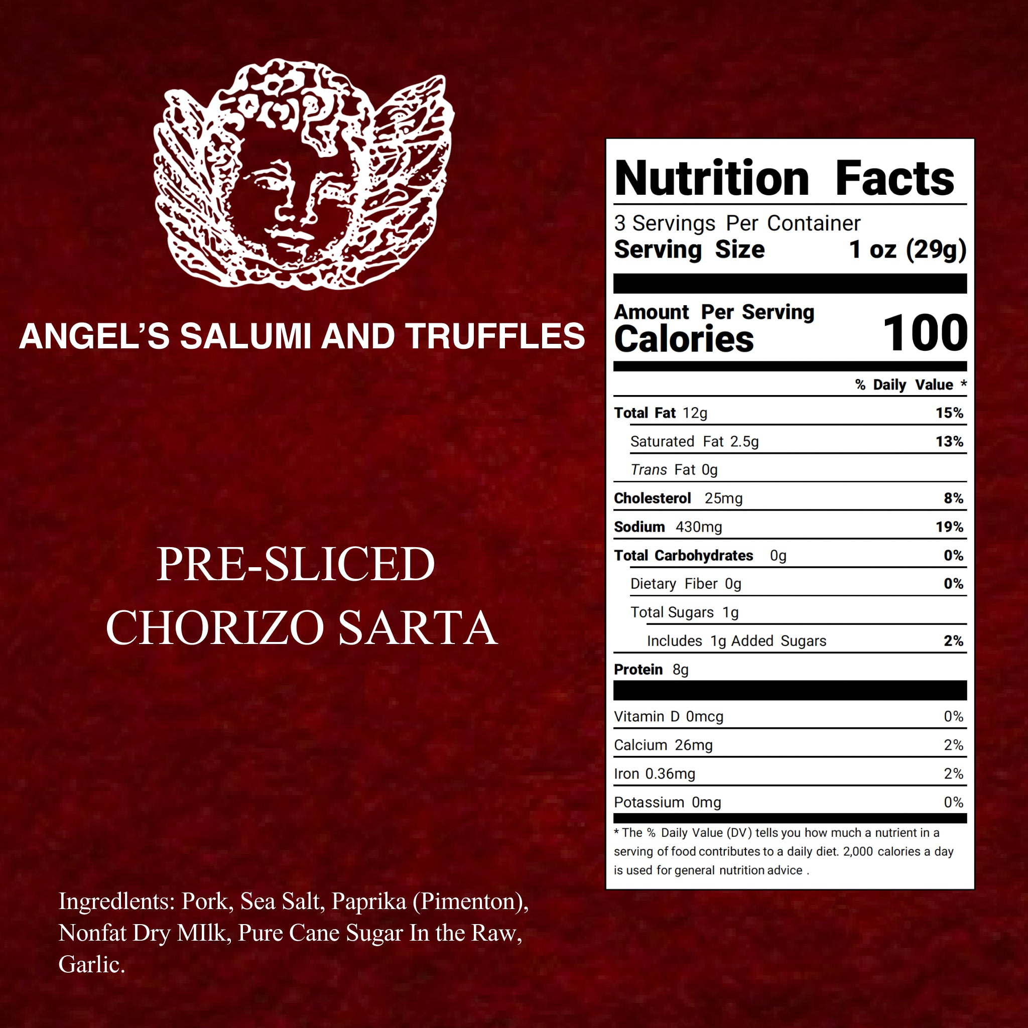 Angel’s Salumi and Truffles – Pre-Sliced Chorizo Sarta Salami, Ingredients and Nutritional Facts, No MSG, No Hormones, Gluten-Free