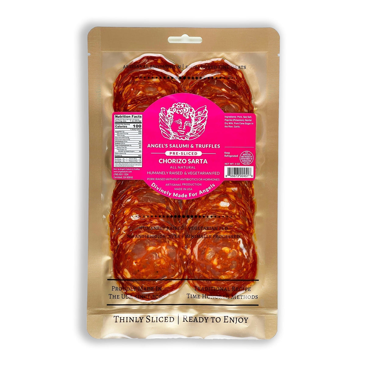 Angel’s Salumi and Truffles – Pre-Sliced Chorizo Sarta Salami, 3oz, with Pimento de la Vera and Garlic