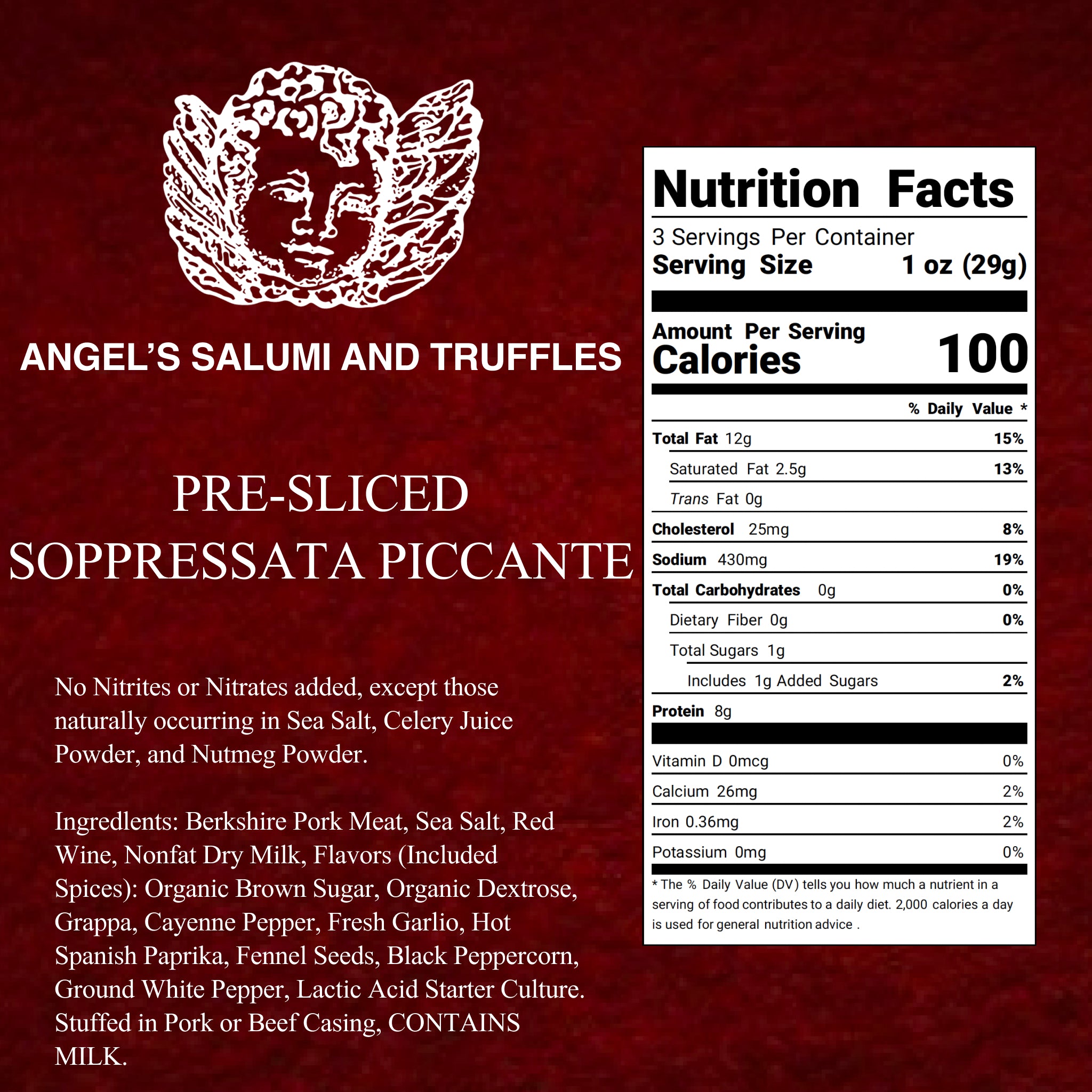 Angel’s Salumi and Truffles – 3oz Soppressata Piccante Salami, Gluten-Free, No Nitrates, Antibiotic & Hormone-Free, Spicy Fennel and Grappa Flavor