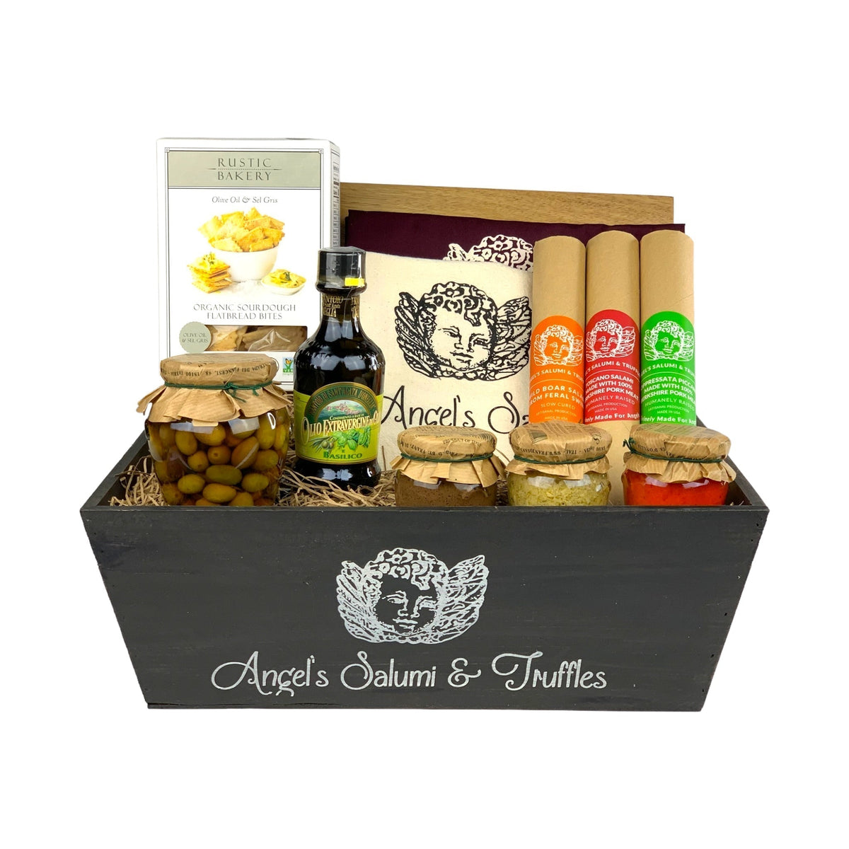 Dark wooden gift box filled with various antipasti & salami