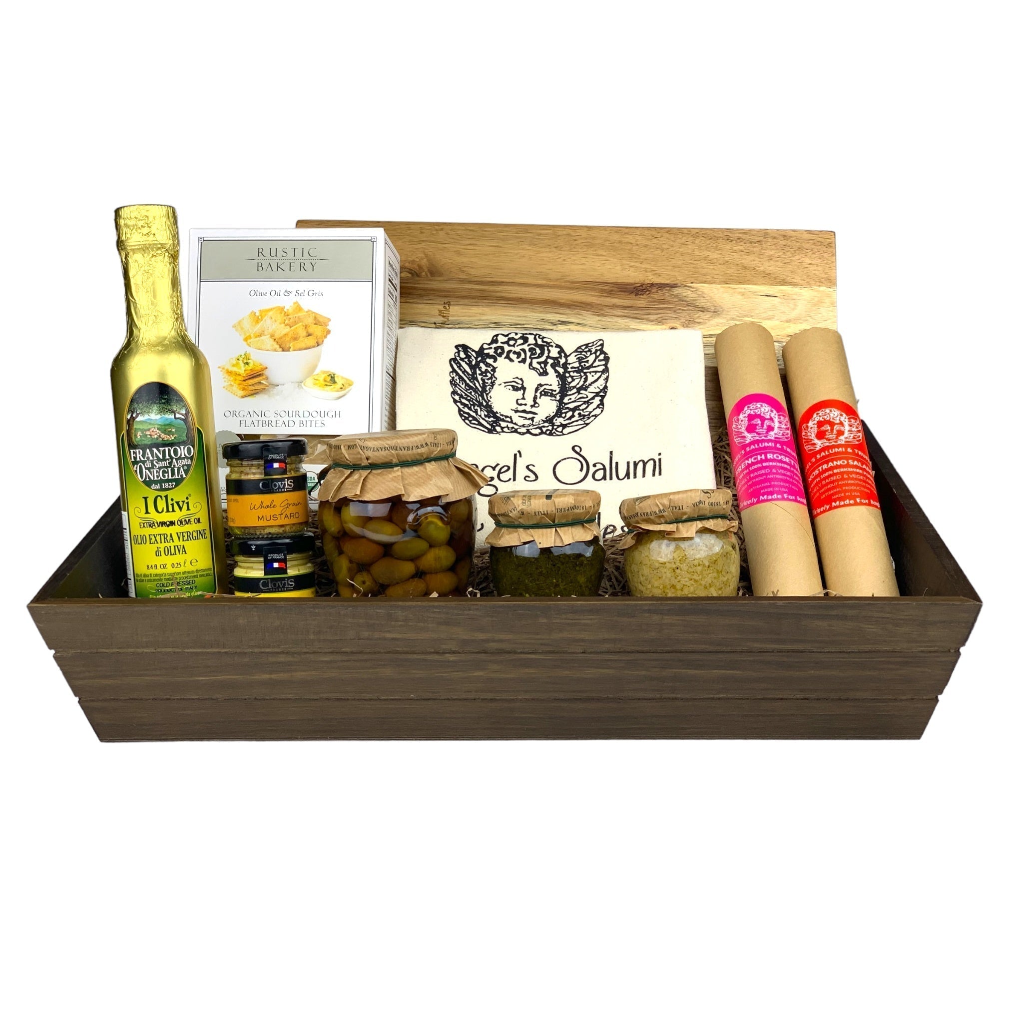 A dark wooden gift box filled with various antipasti and salami