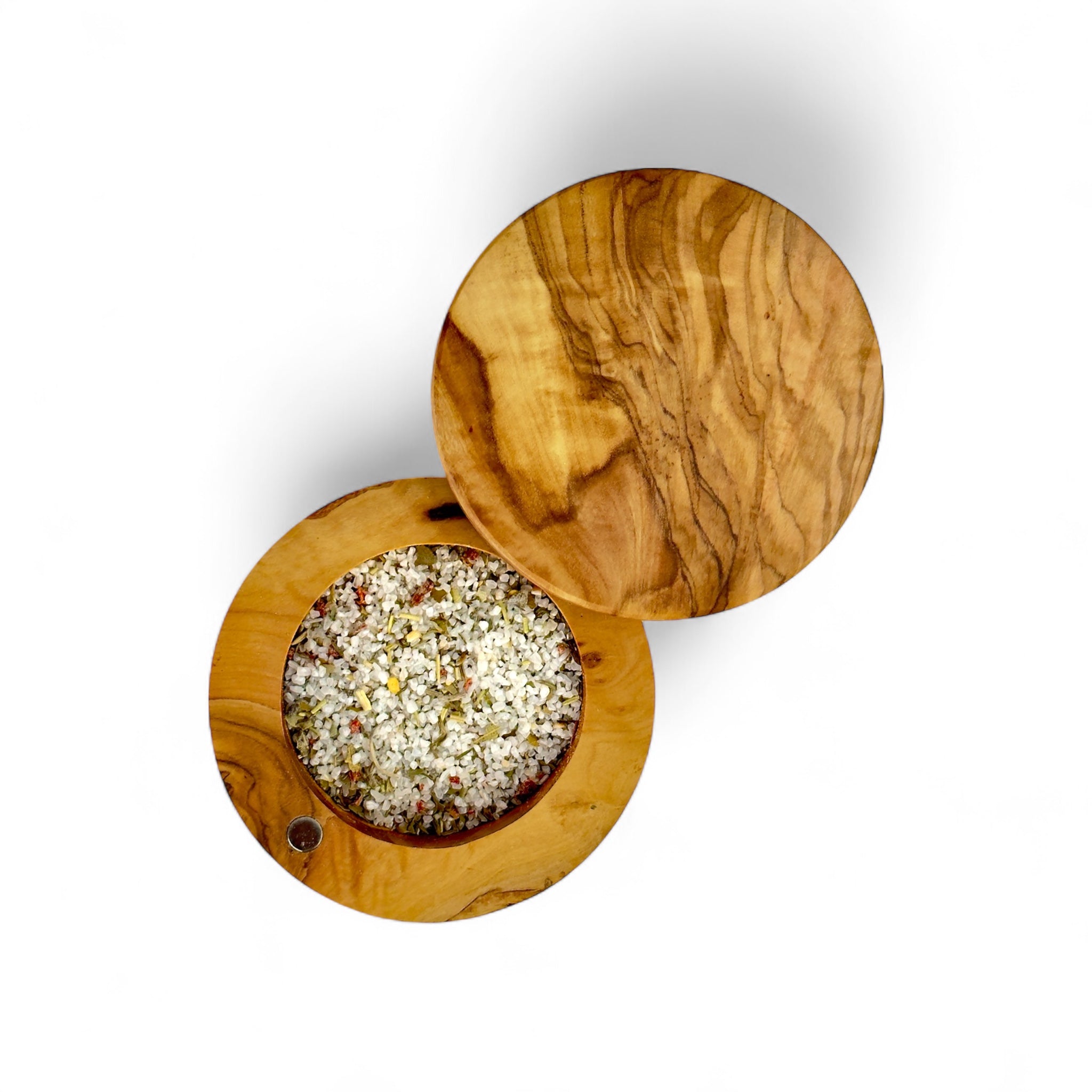 Olive Wood Salt Cellar with Magnetic Lid (3.75"D x 2.75"H)