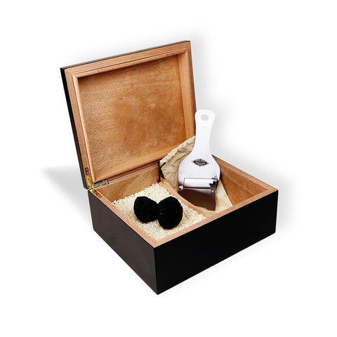 Wooden Truffle Box with 1lb Arborio Rice, and a stainless steel Truffle Slicer.