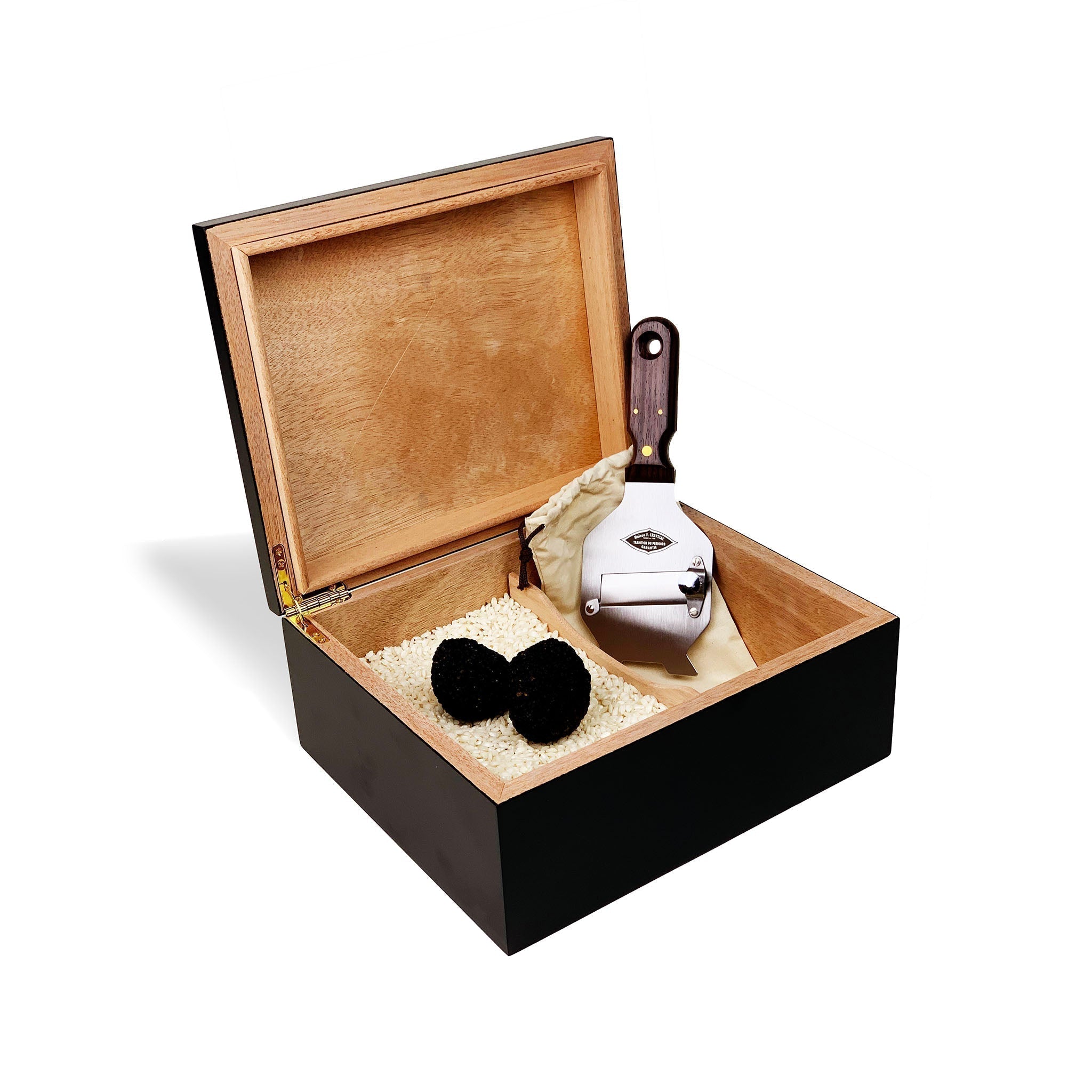 Wooden Truffle Box with 1lb Arborio Rice, and a stainless steel Truffle Slicer.