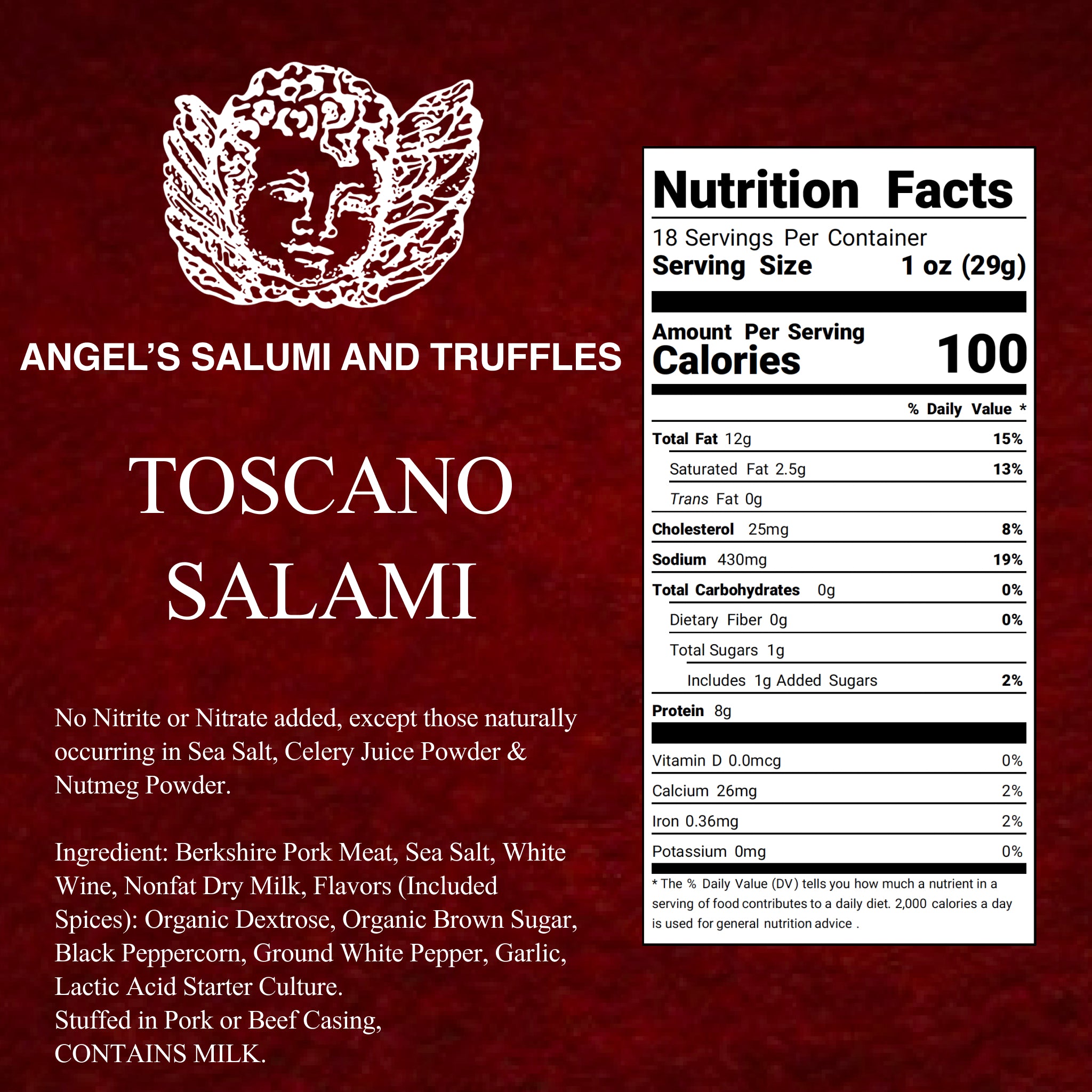 Angel’s Salumi and Truffles – Toscano Salami Ingredients and Nutrition Facts, Hormone-Free, Gluten-Free, No Nitrates
